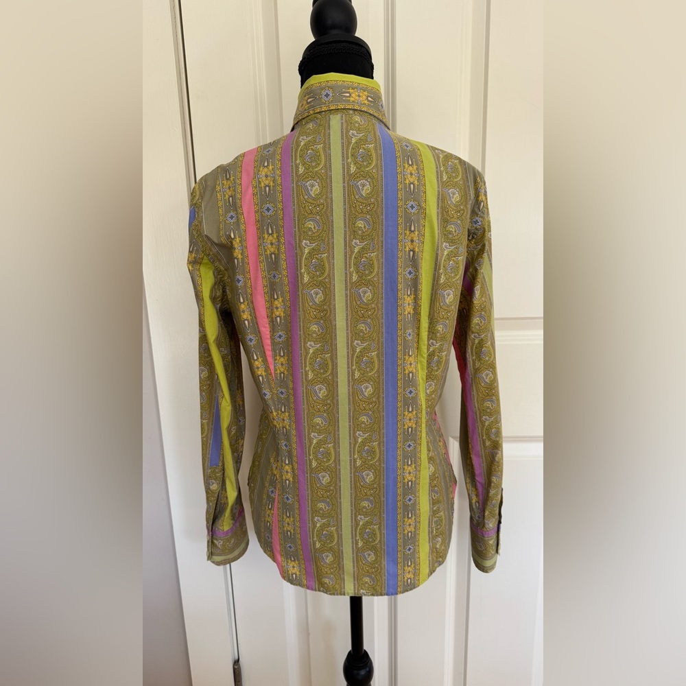 Etro green striped paisley cotton long sleeve button up fitted shirt women’s 44 - Picture 2 of 9